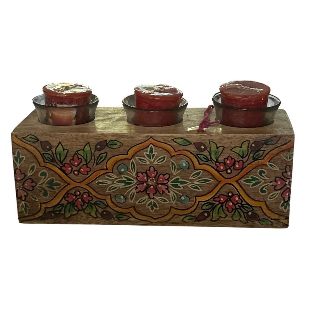 Handcrafted Jaipur In Bloom Wooden Votive Candle Holder With Floral Design - Picture 7 of 10